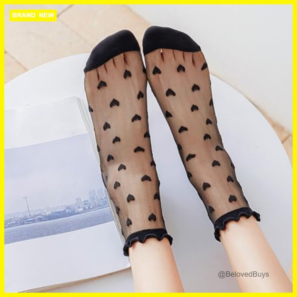 4 Pairs Sheer Ankle Socks Ultra Thin Lace Ruffle Heart Striped Transparent - Picture 7 of 7